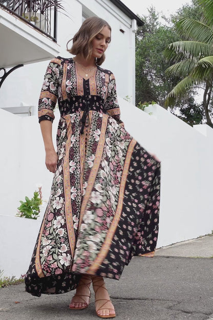 JAASE - Indiana Maxi Dress: Lace Back Shirred Waist A Line Dress with Handkercheif Hemline in Eternity Print