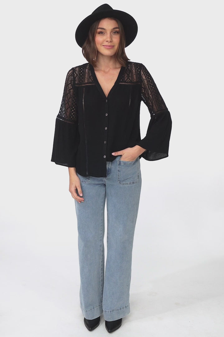 Myrna Top - V Neck Hollow Out Lace Detailed Button Down in Black