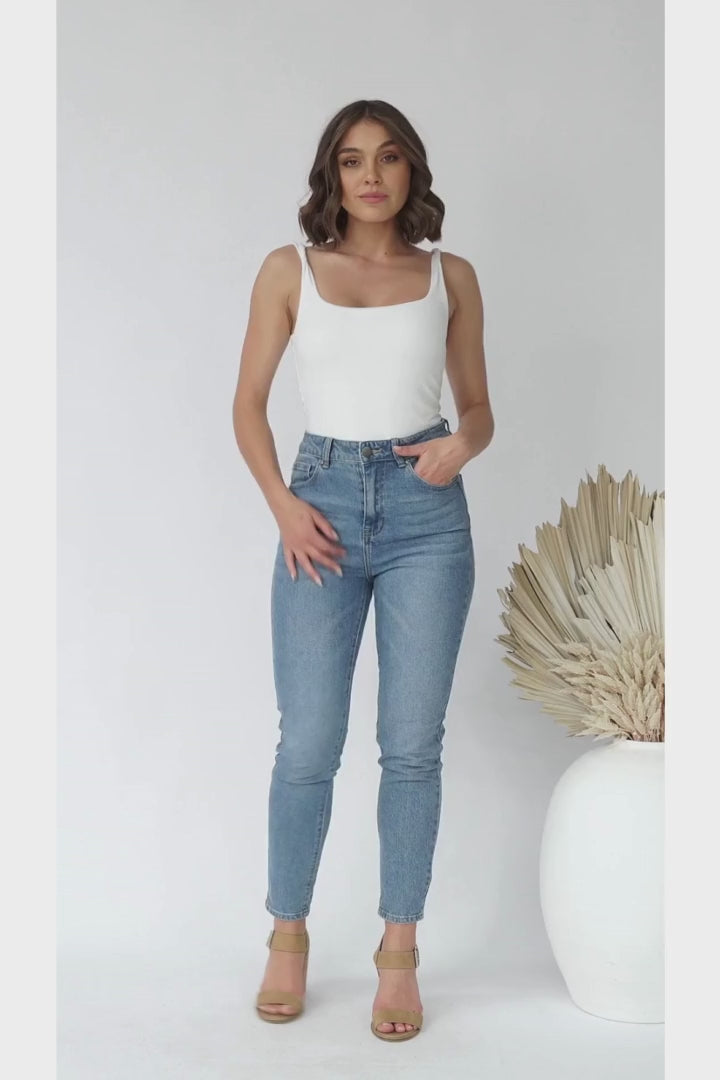 Ziggy Jeans - High Waisted Whiskers Detailed Jeans in Mid Wash Blue