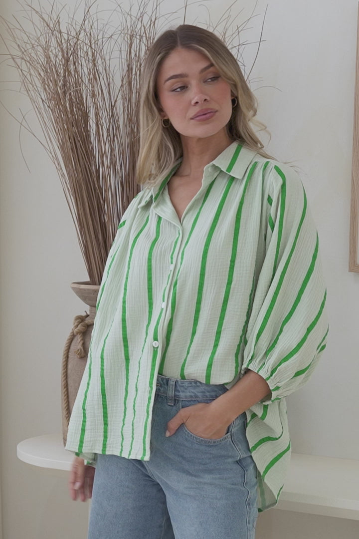 Samsara Shirt - Collared Oversized Button Down with Balloon Sleeves in Green Stripe