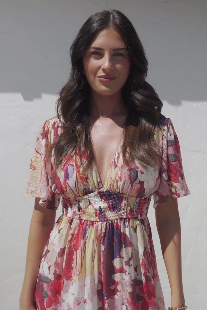 Glades Mini Dress - V Neck Shirred Waist A Line Dress in Kamara Print Red