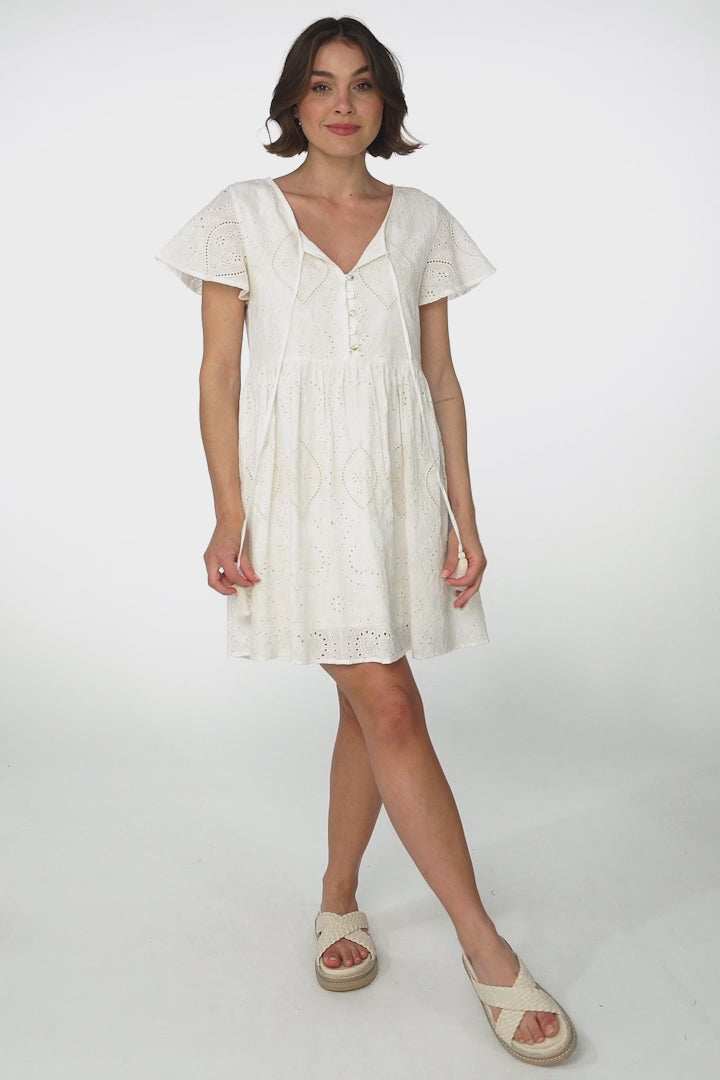 Achanti Mini Dress - Cotton Lace Overlay Cap Sleeve Smock Dress in Oat