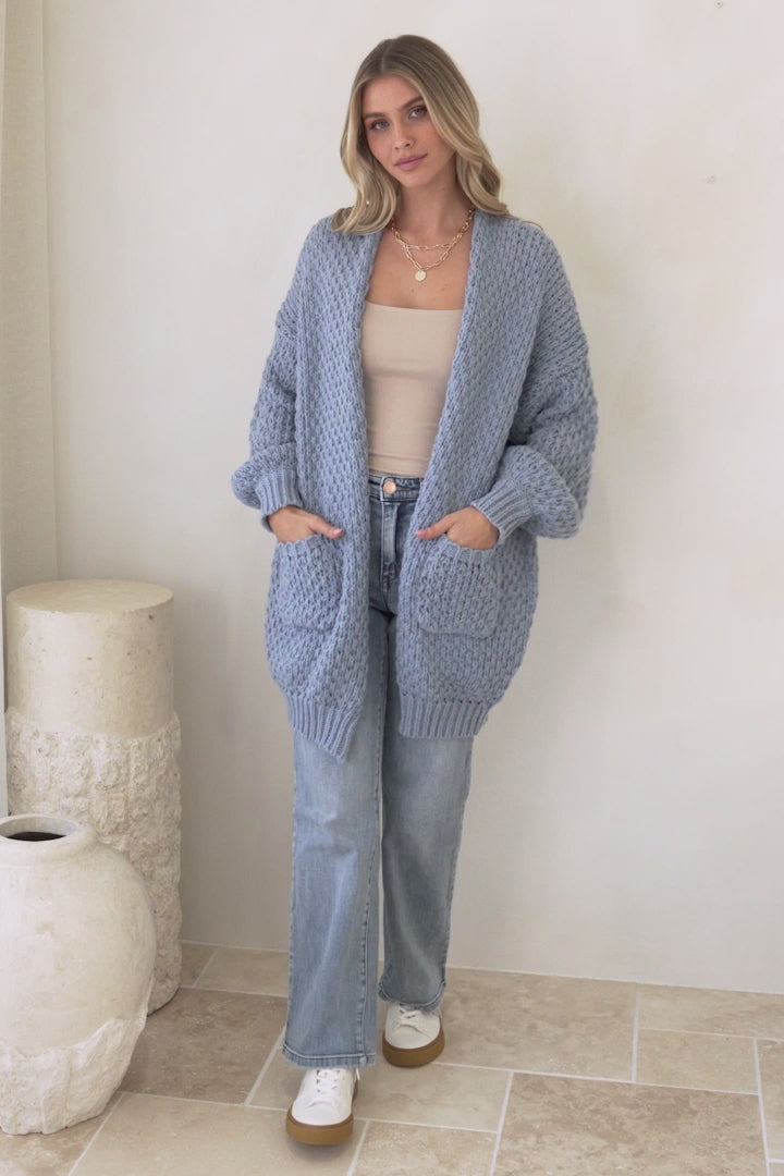 Ricki Cardigan - Open Front Chunky Knit Cardigan in Blue