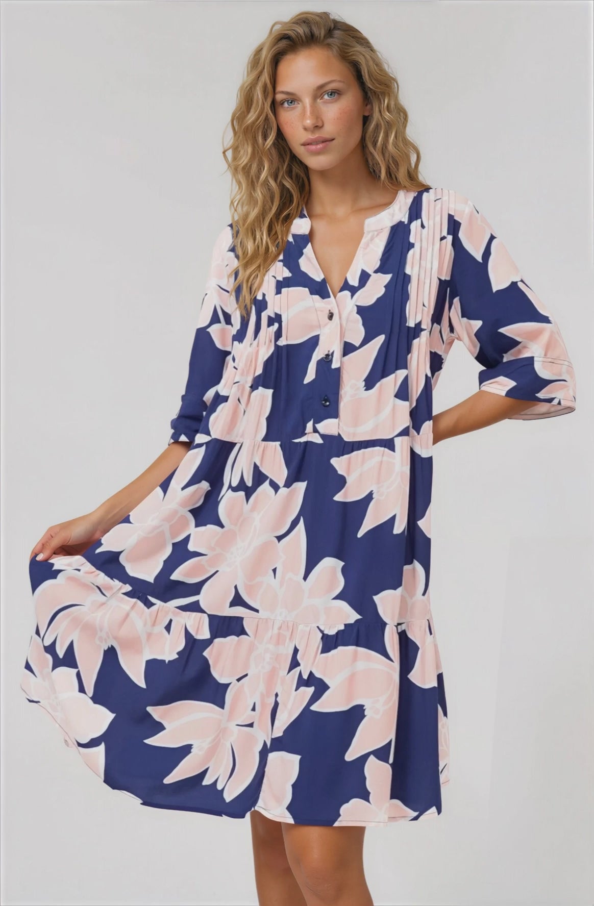 Evie Mini Dress - 3/4 Sleeve Tiered Smock Dress in Jetson Print Navy