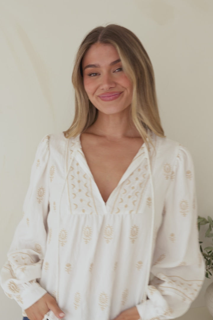 Nouveau Top - V Neck Embroidered Pullover with Long Cuffed Sleeves in White