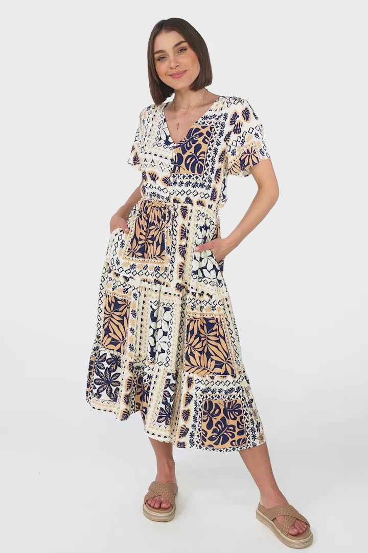 Marly Midi Dress - A Line Dress with Cap Sleeves and Rick Rack Splicing Alphy Print