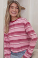 Brady Top - Crew Neck Relaxed Long Sleeve Cropped Tee in Pink Stripe