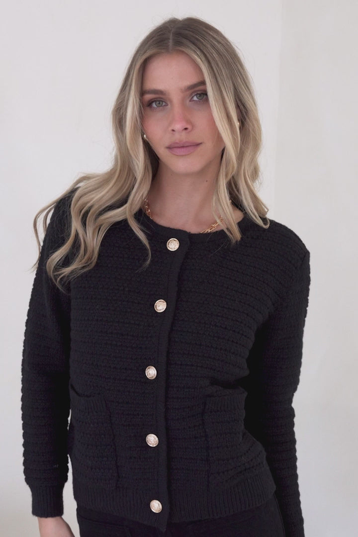 Dionne Cardigan - Thick Round Neck Gold Button Down Cardigan in Black