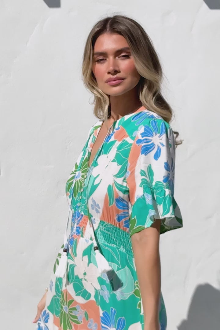 Jemina Maxi Dress - V-Neck Elasticated Waist A-Line Dress in Meaghan Print