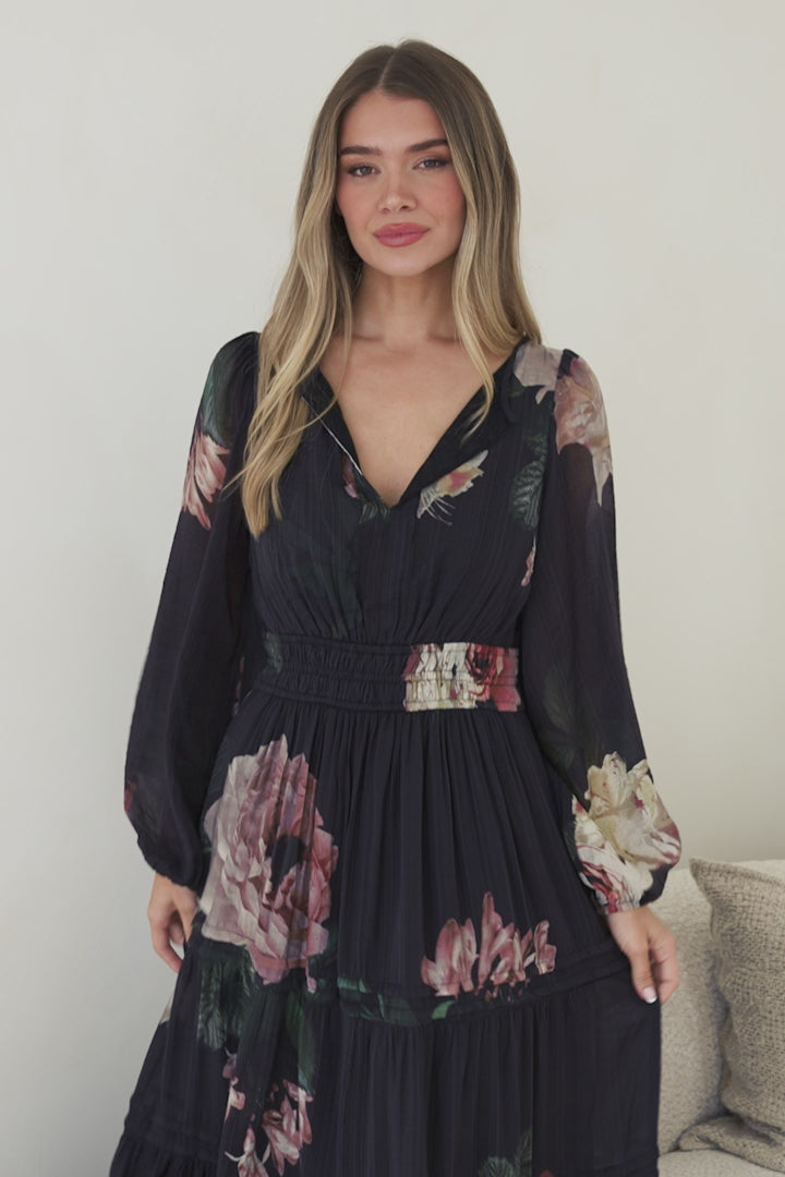 Maroney Maxi Dress - Pleat Detailed A-Line Dress with Balloon Sleeves in Mika Print Navy