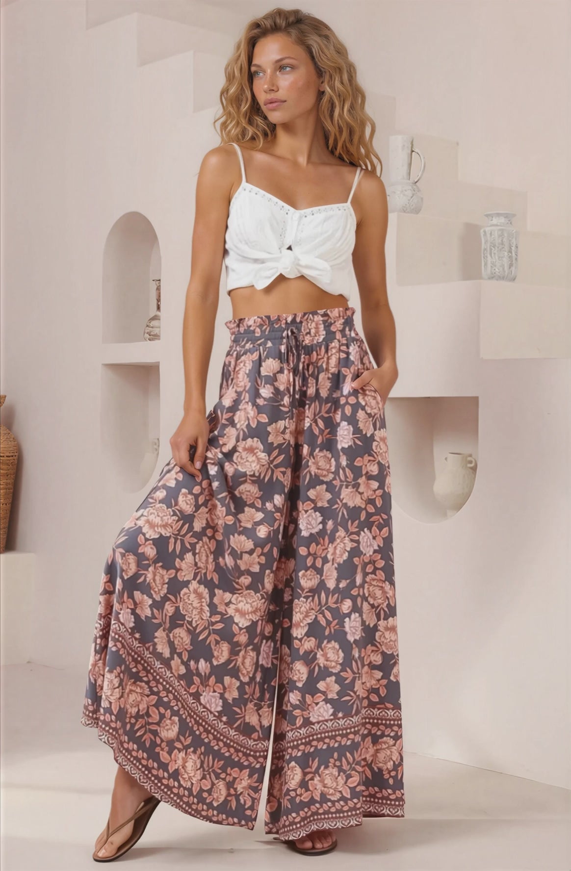 Charli Pants -  Paper Bag High Waisted Wide Leg Pants in Leandra Print