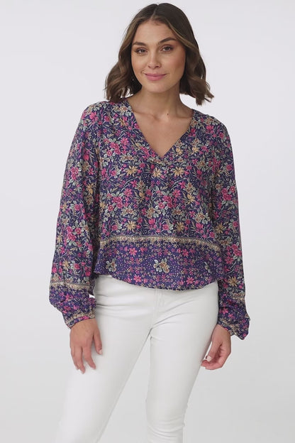 Nelly Top - Easy Wear V Neck Pull Over Top in Iris Print Navy