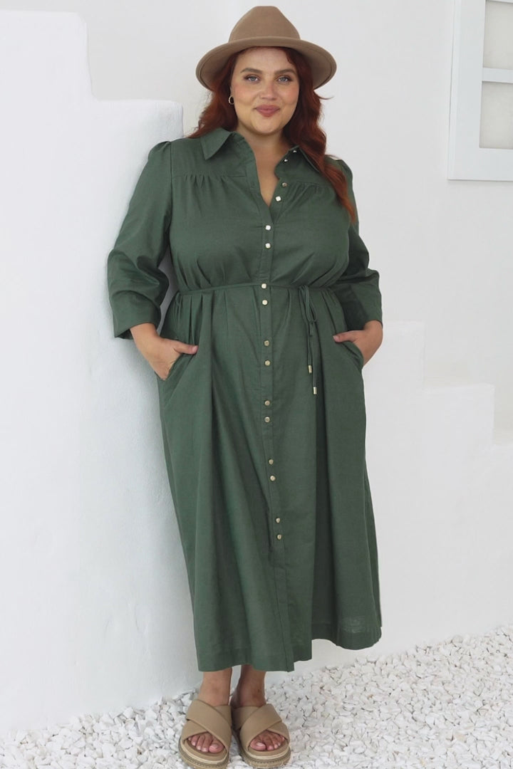 Waverly Midi Dress - Linen Button Down Dress in Green