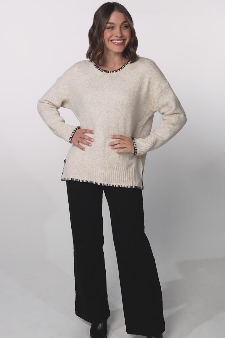 Kindra Jumper - Crew Neck Pull Over with Contrast Stitching in Oat Marle