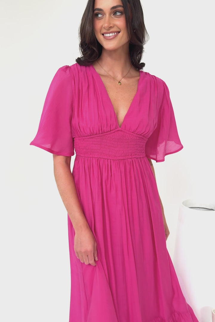 Glades Maxi Dress - V Neck Shirred Waist A Line Dress in Hot Pink