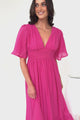 Glades Maxi Dress - V Neck Shirred Waist A Line Dress in Hot Pink