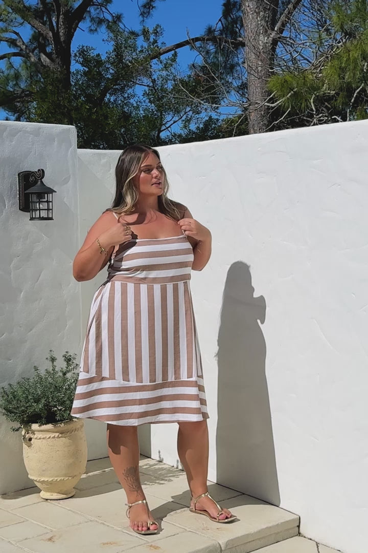 Sennia Mini Dress - Adjustable Spaghetti Strap Sun Dress in Gaubi Print Tan