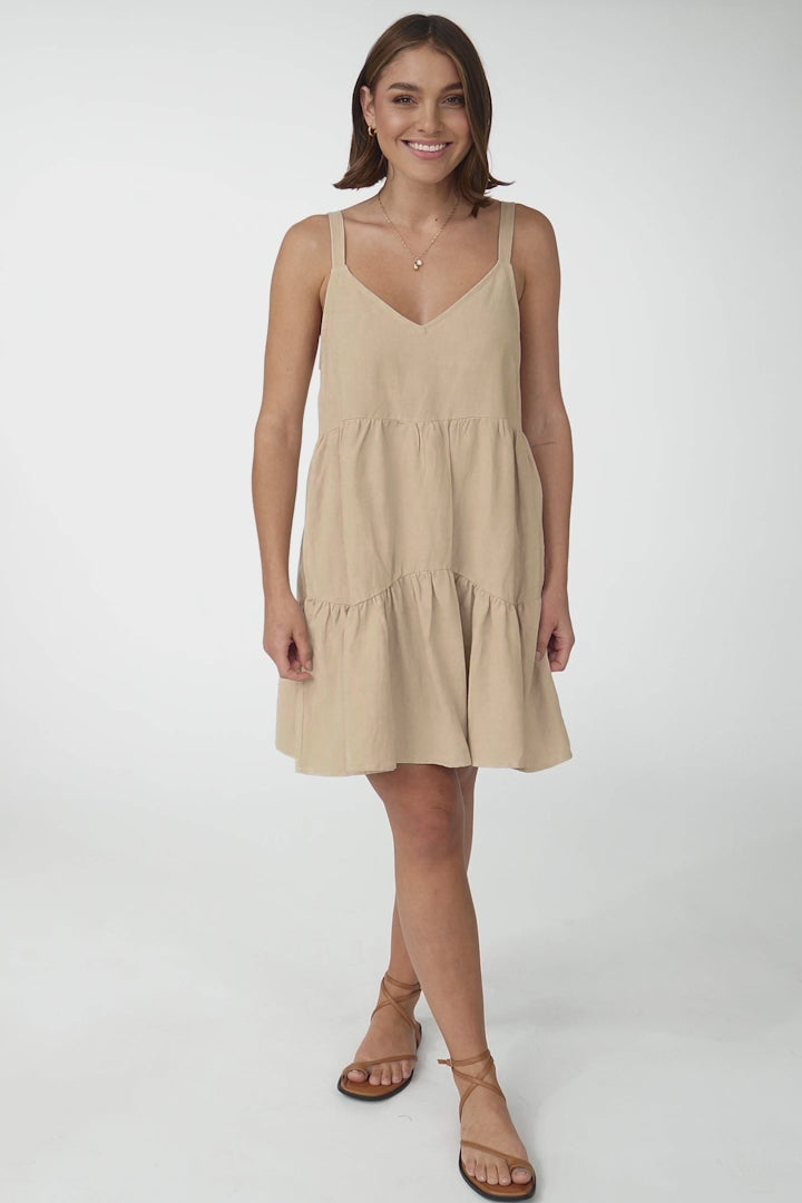 Missy Mini Dress - Thick Adjustable Strap Tiered Sun Dress in Beige