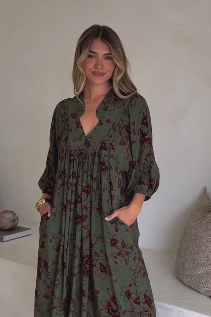 JAASE - Boheme Midi Dress: Piping Defined Bust Slimline Smock Dress In Esme Print