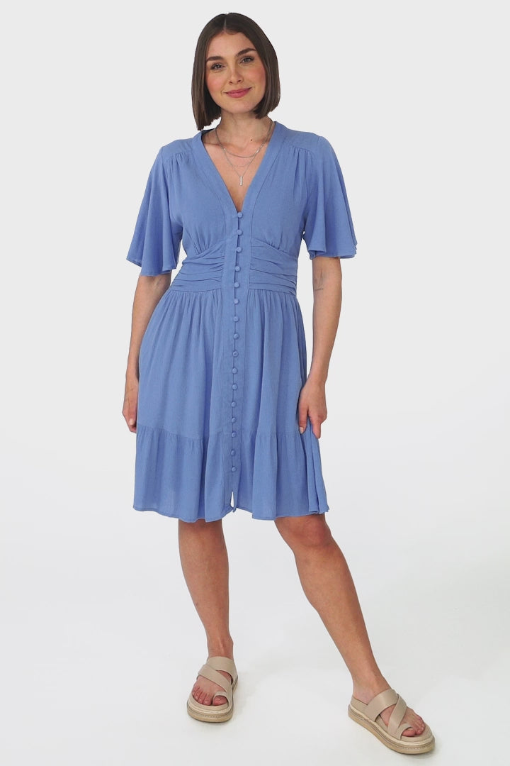 Gaia Mini Dress - Gathered Waist Detail Dress with Cape Sleeves in Blue