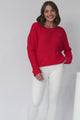 Joanne Knit Top - Crew Neckline Bat Wing Long Sleeve Top in Red