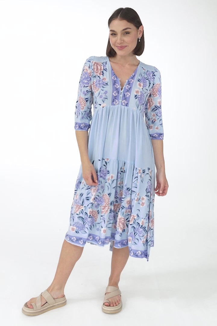 JAASE - Eve Midi Dress: V-Neck Tiered Dress with Option Waist Tie in Heaven Print