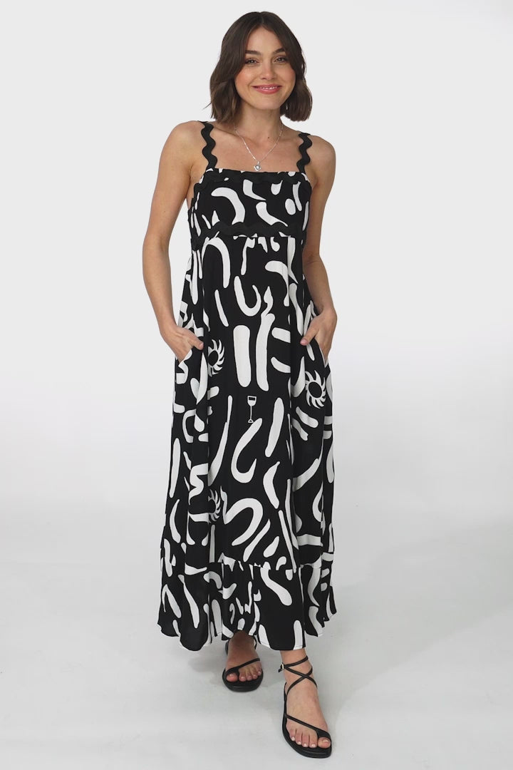 Bailie Maxi Dress - Rick Rack Detailed Sun Dress with Pockets Daley Print in Black