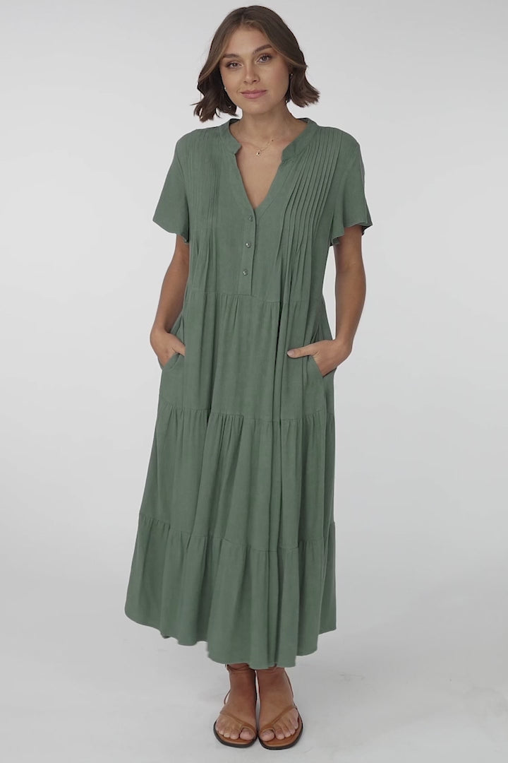 Peggy Midi Dress - Relaxed Mandarin Collar Pleated Bust Tiered Linen Dress in Green