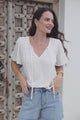 Kendra Top- V Neck Short Sleeve Top with Necktie in White