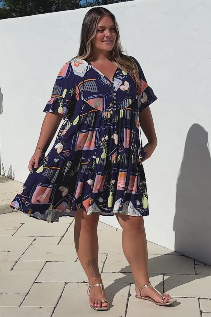 Monique Mini Dress - Mandarin Collar Smock Dress in Kalil Print Navy