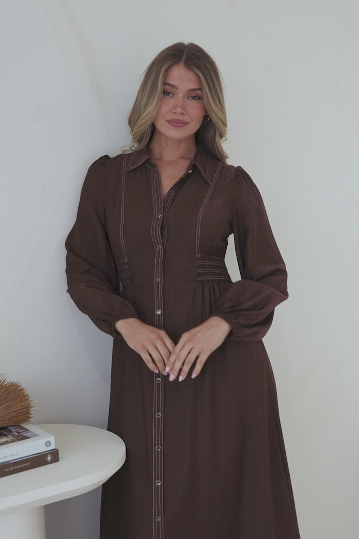 Ferris Midi Dress - Collared Button Bodice A-Line Dress with Long Sleeves in Chocolate