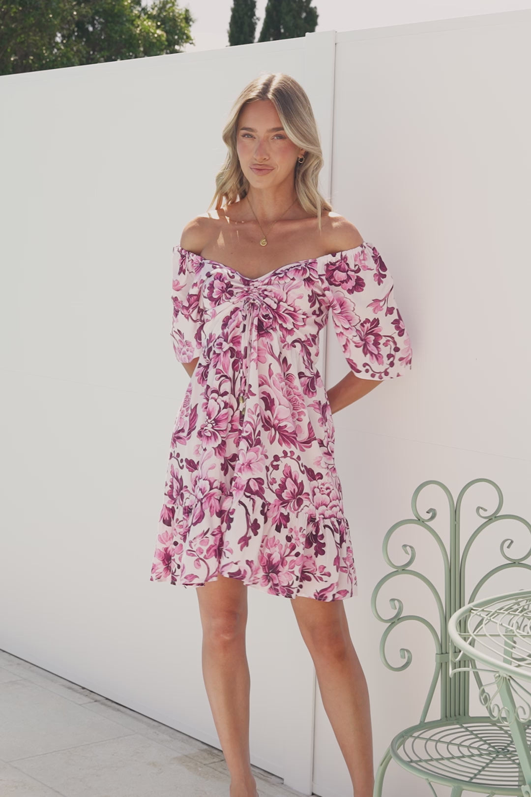 Ameya Mini Dress - Sweetheart Neckline On or Off Shoulder Dress with Tie Bust in Quest Print Pink