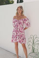 Ameya Mini Dress - Sweetheart Neckline On or Off Shoulder Dress with Tie Bust in Quest Print Pink