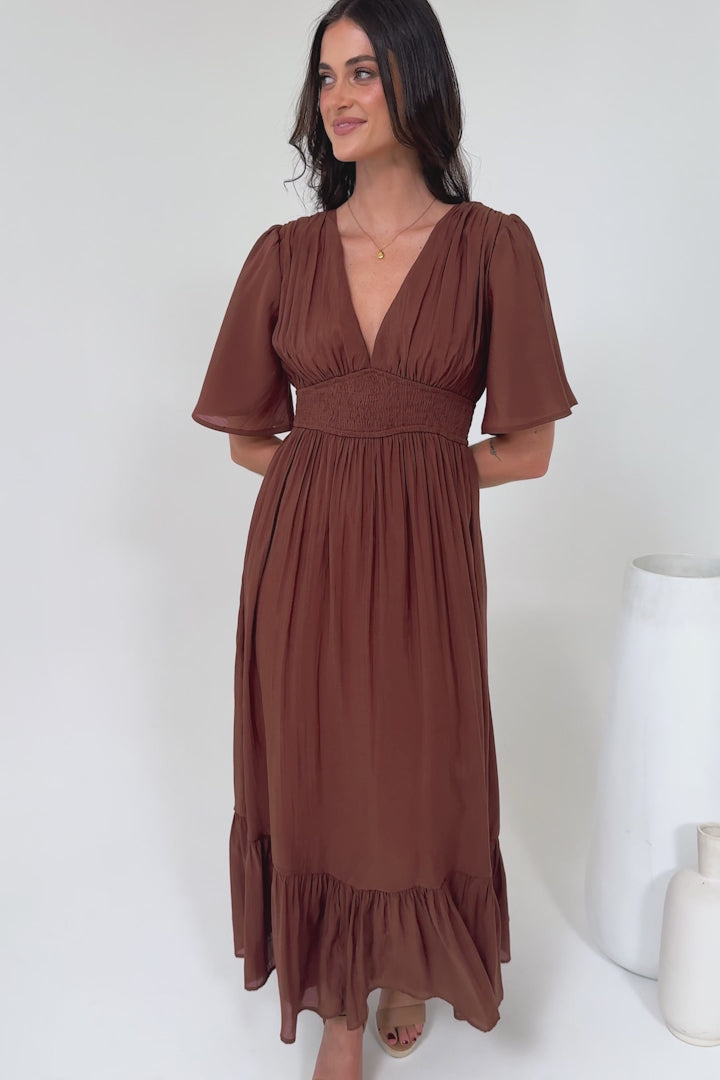 Glades Maxi Dress - V Neck Shirred Waist A Line Dress in Rust