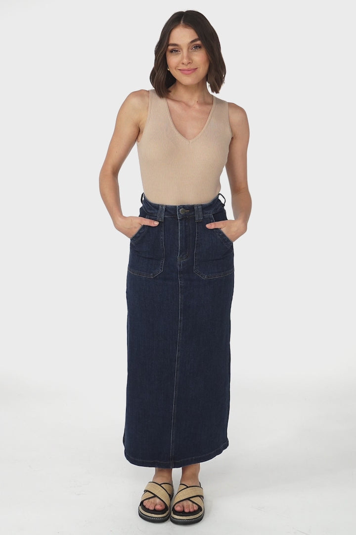 Hadrian Denim Maxi Skirt - High Waisted A-Line Skirt in Dark Denim