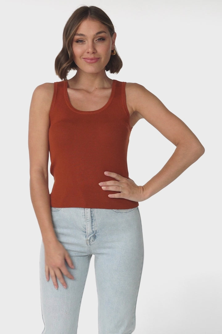 Lorena Ribbed Top - Scooped Neckline Thick Strap Ribbed Top in Rust