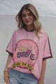 Ride Or Die Tee - Graphic Print Short Sleeve T-Shirt with Racer Stripe Sleeves in Pink