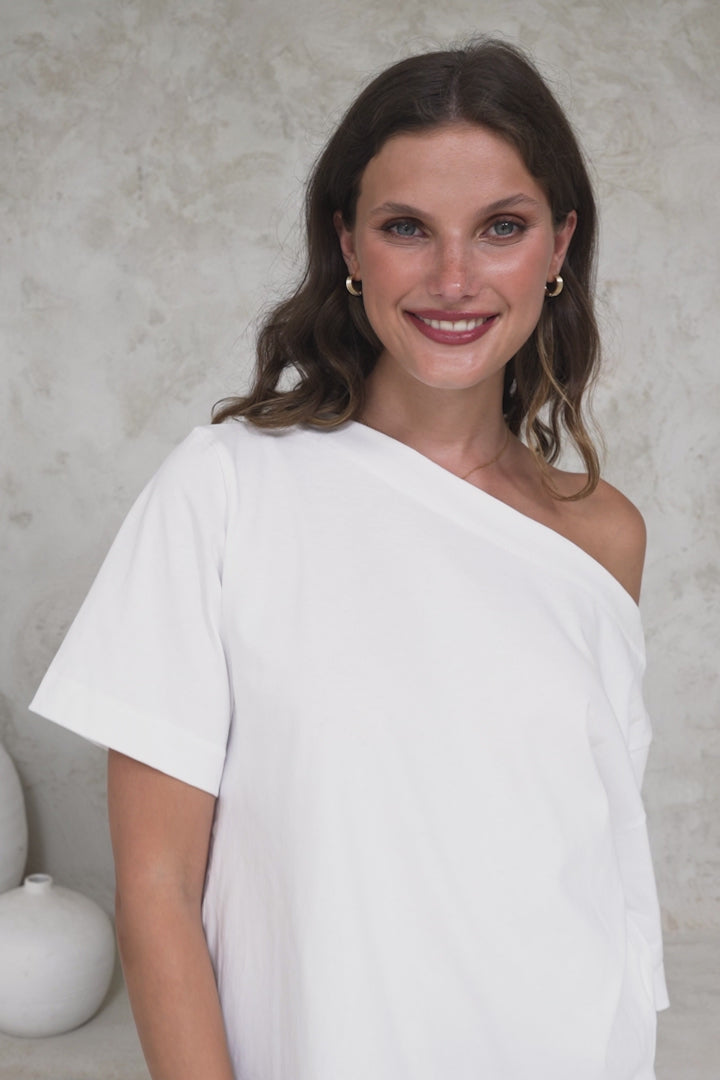 Dolce Top - Asymmetric Neckline Boxy Top with Side Split in White