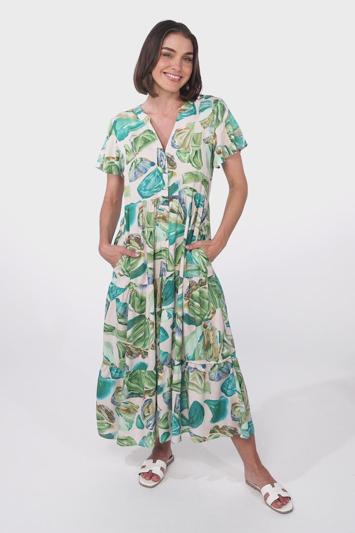 Milla Midi Dress - Tiered Button Down Dress in Adelita Print Green