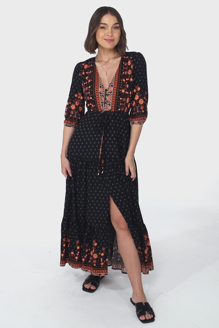 JAASE - Tessa Maxi Dress: A Line Pull Tie Waist Dress in Emmery Print