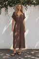 Emelia Maxi Dress - V-Neckline Dress with Short Folded Sleeves in Chocolate