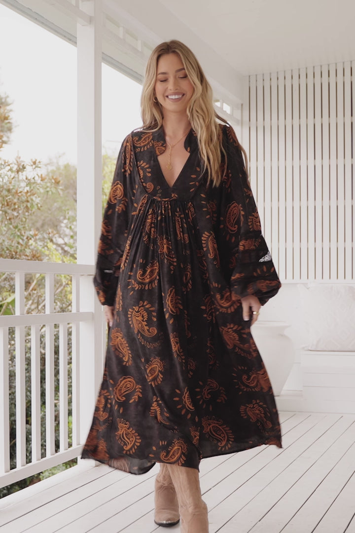 JAASE - Boheme Long Sleeve Midi Dress: Slimline Smock Dress in Milan Print