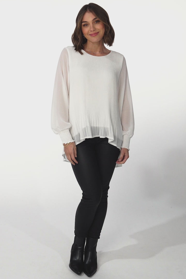 Kayt Blouse - Plisse Long Sleeve Top with High-Low Hemline in White