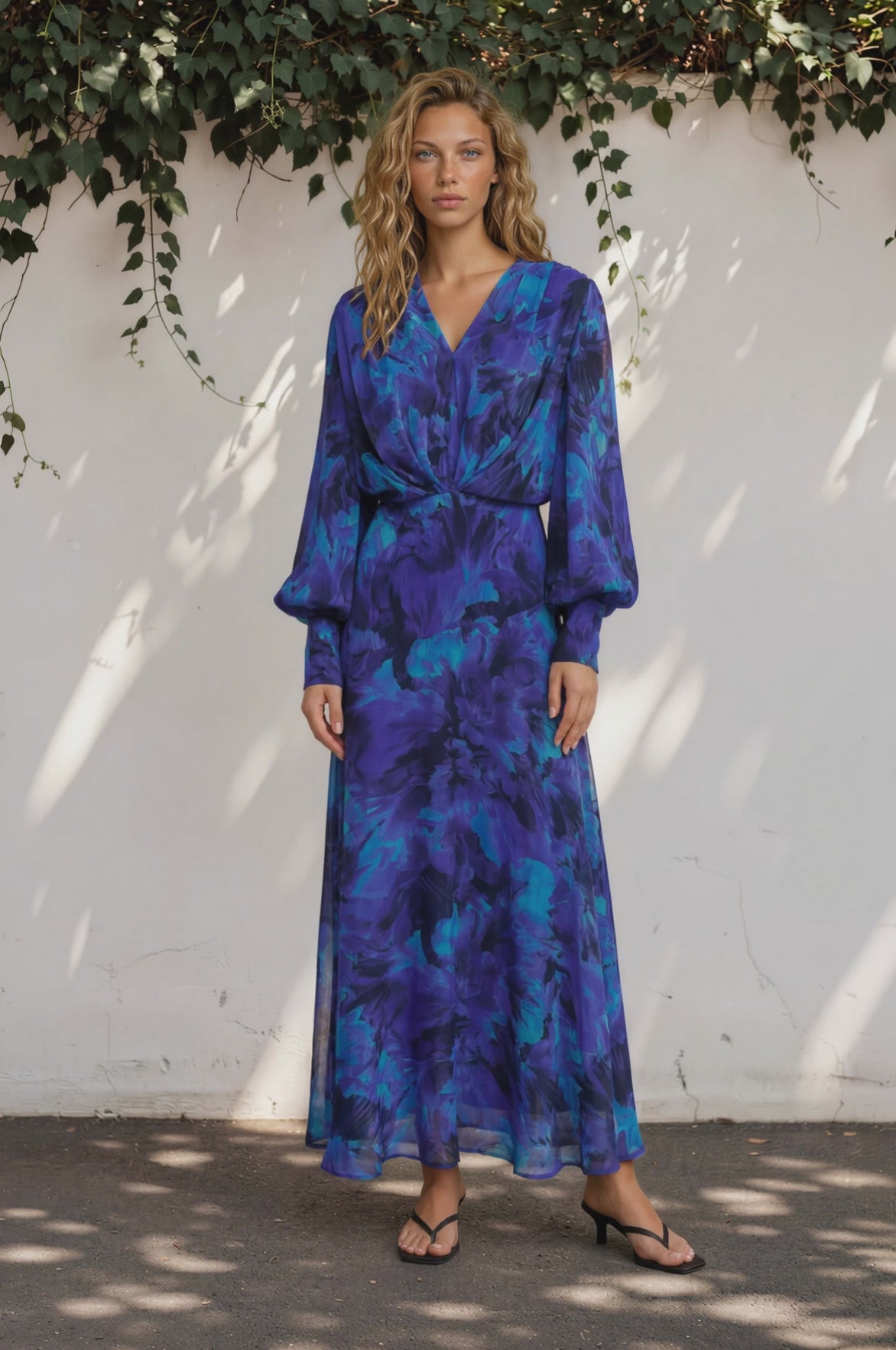 Azura Maxi Dress - V-Neckline Dress with Long Shirred Sleeves in Bluebell Print
