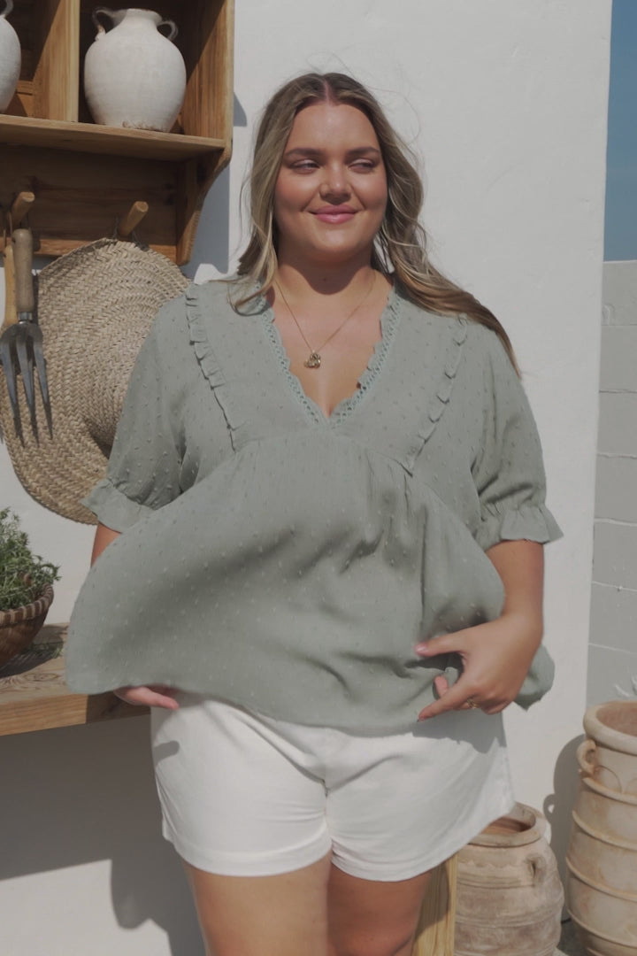 Catha Top - Frill Neckline Empire Bustline Top with Short Balloon Sleeves in Sage