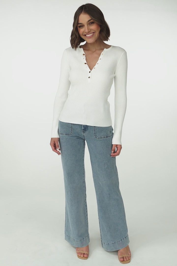 Emilia Knit Top - Gold Button Neckline Ribbed Top in White