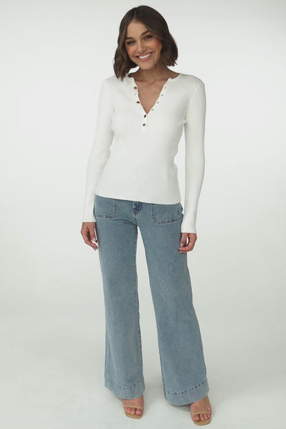 Emilia Knit Top - Gold Button Neckline Ribbed Top in White