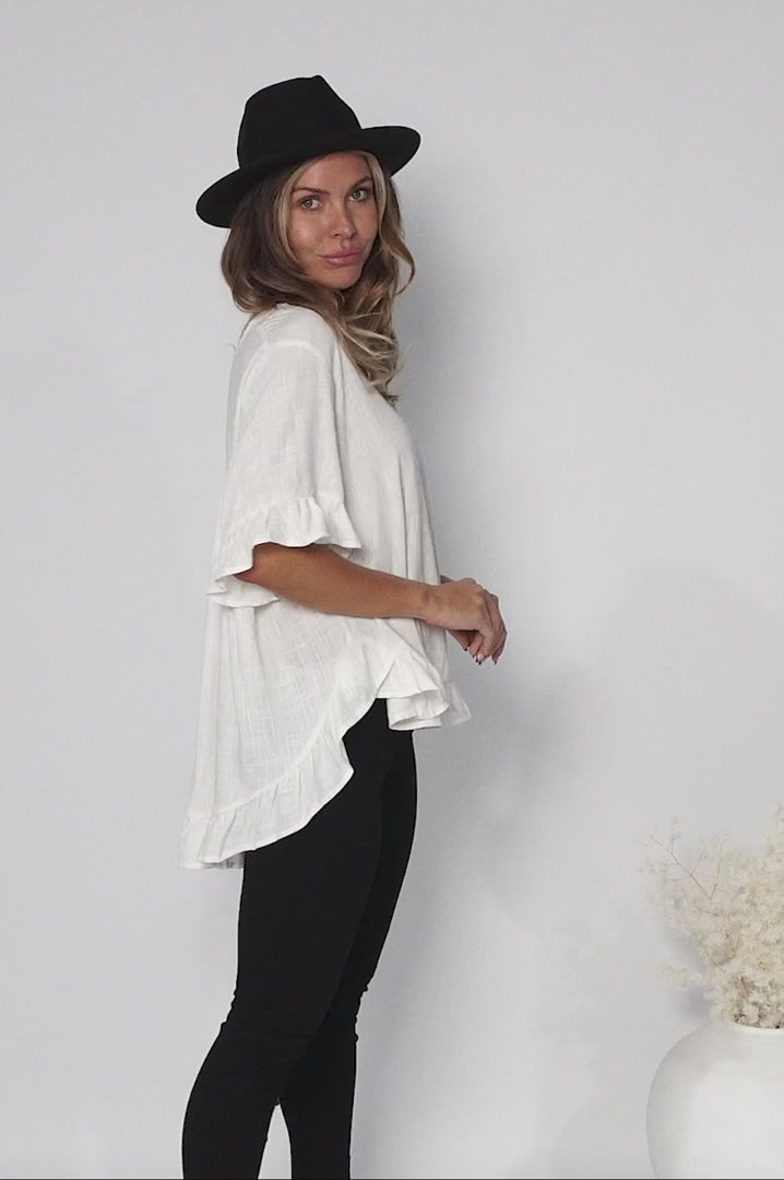 Alyx Blouse - Frill Detailed High Low Relaxed Pull Over Blouse in Off White