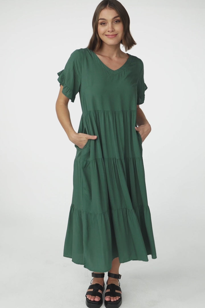 Ame Midi Dress - V Neck Frill Sleeve Tiered Dress in Emerald