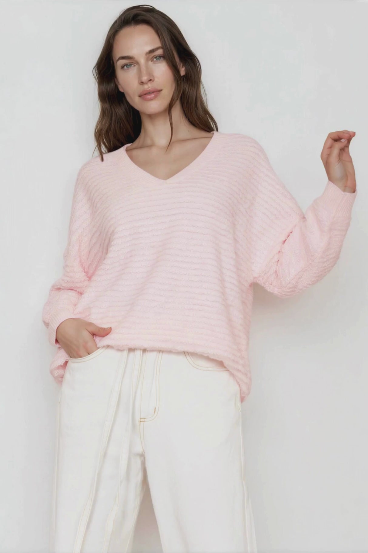 Nicole Jumper - Relaxed Textured Stripe Pull Over Jumper in Pink